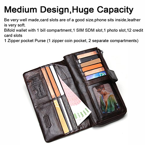 Contacts Leather RFID Blocking Trifold Wallet for Men, Genuine Leather Large Capacity Card Holder Phone Clutch Purse2