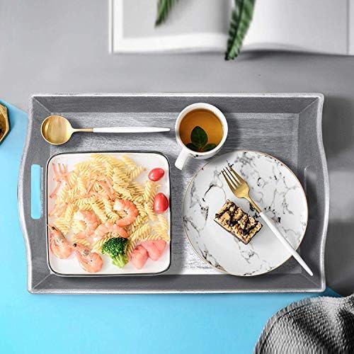 Set of 3 Serving Trays with Handle Nesting Breakfast Plastic Serving Trays Afternoon Tea Tray Decorative Rectangular Display Tray Set Nested Food Butler Tray for Kitchen Party Dinner Snack (Silver)