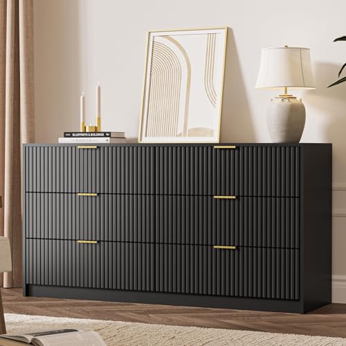 Image of MAISONARIA Black 6 Drawer Dresser for Bedroom, 55 inch Wide Modern Chest of Drawers with Gold Metal Handles, Fluted Wood TV Stand for Living Room, Hallway