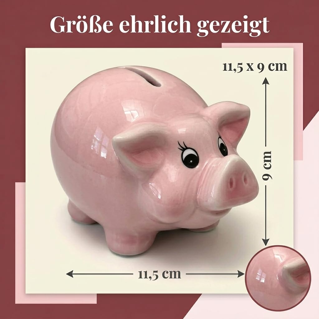 MIJOMA Keramik Sparschwein Rosa 13,5 x 8,5 cm – mit Gummistöpsel zum einfachen Entnehmen – dekorative Spardose für Erwachsene
