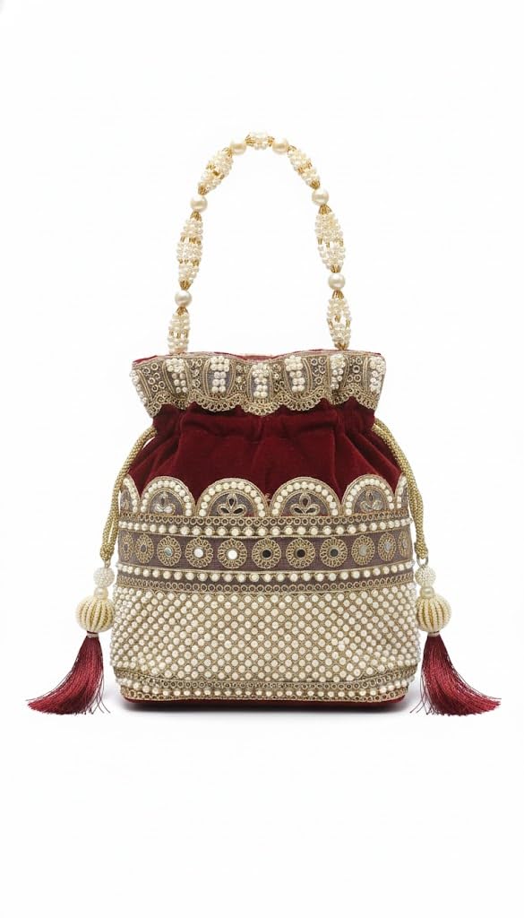 Women’s Maroon Velvet Embellished Potli Bag with Pearl Handle | Designer Ethnic Drawstring Handbag | Bridal, Wedding & Festive Clutch Purse-image-38