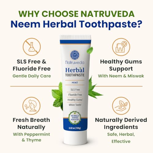 Image of Natruveda Neem Herbal Toothpaste with Complimentary Copper Tongue Scraper | Fluoride Free, SLS Free, Natural Toothpaste for Adults | Ayurvedic Oral Care with Mint & 8 Herbal Ingredients | 3.52 oz