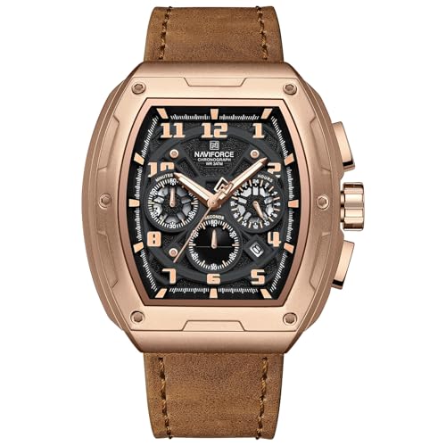 NAVIFORCE Square Watches for Men Brown Leather Chronograph Fashion Business Watch Luminous...