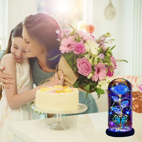Image of Mothers Day Roses Flowers Gifts for Mom Women Wife,Mother Day Rose Gifts for Mom Women,Light Up Rose in A Glass Dome Butterfly Birthday Presents Wife Grandma from Daughter Blue