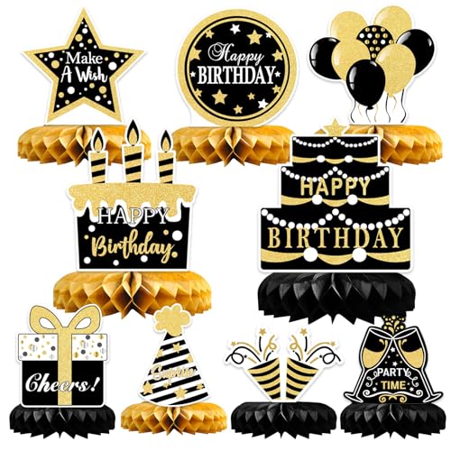 9 Pièces Decoration Table Anniversaire,Ensembles Décorations Anniversaire Or Noir,Centres de Table Nid d'abeille,pour Hommes Femmes,Fournitures de Fête (Or...