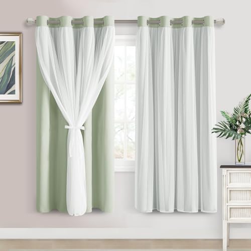 Image of DWCN Green Blackout Curtains with Sheer Overlay with Tiebacks 63 Inch Long