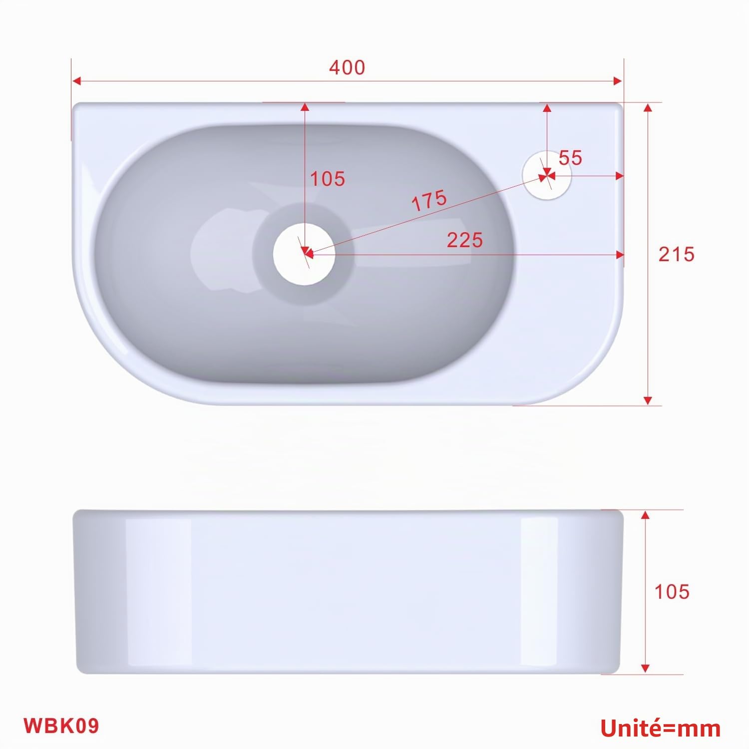 AQUABATOS Vasque suspendu en céramique, Lavabo suspendu pour salle de bain, avec trou de robinetterie et boulons de suspension, sans trop-plein, Lave-mains en céramique 40x21.5x10.5cm, sans robinet