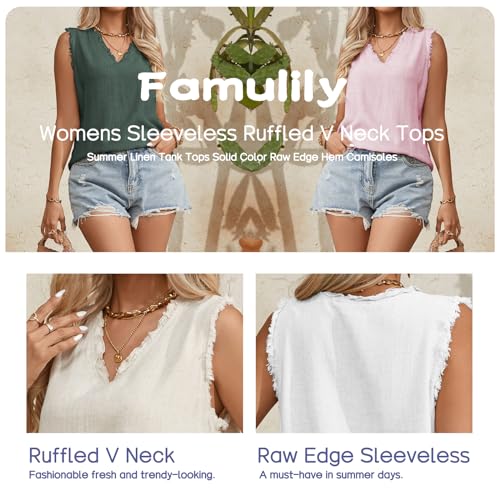 Famulily Womens Sleeveless Ruffled V Neck Tops Summer Linen Tank Tops Solid Color Raw Edge Hem Camisoles3