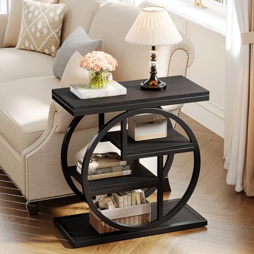 Image of Tribesigns Black End Table for Living Room, 4-Tier Narrow Side Table with Storage Shelves, Modern Bedside Table for Bedroom, Wood Small Sofa Side Table with Geometric Metal Frame (1 PC, Black)