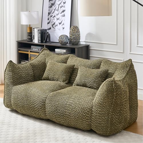 Giant Bean Bag Sofa Chairs Loveseat for Adults, Oversized Bean Bag Couch, Memory Foam Filled Floor Lounge Chair, Lazy Floor Sofa Chair with Two Pillows for Living Room, Bedroom, Apartment (Green)