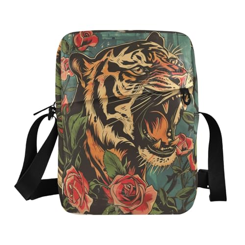 messenger bag cute Shoulder Crossover Bag crossbody purses for women Adjustable Strap for business business- Angry Tigers and Roses
