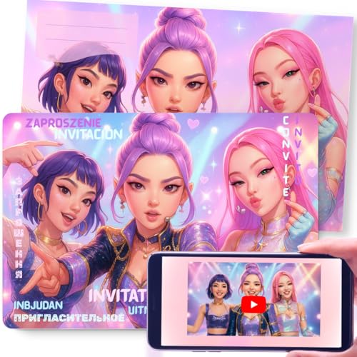 Efeito WOW cartões de convite festa K-Pop com animação AR (realidade aumentada) - convite de aniversário mágico e interativo para meninos e meninas- lote de 12 convites com envelopes pré-impressos