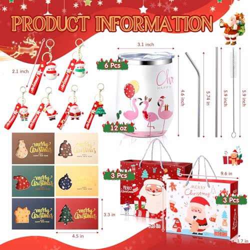 Skylety 6 Sets of Christmas Gifts Bulk Include 12oz Stainless Steel Wine Tumblers Christmas Keychains Greeting Cards and Gift Bags for Women Men Coworker Employee Xmas Holiday Party Favors(Lovely) - Image 3