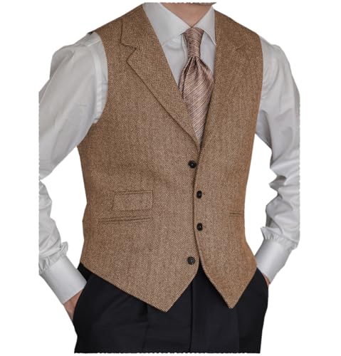 Solove-Suit Herren Klassisches Fischgrätenmuster Anzug Weste Notch Revers Slim Fit Weste für Hochzeit Groomsmen（Braun，L