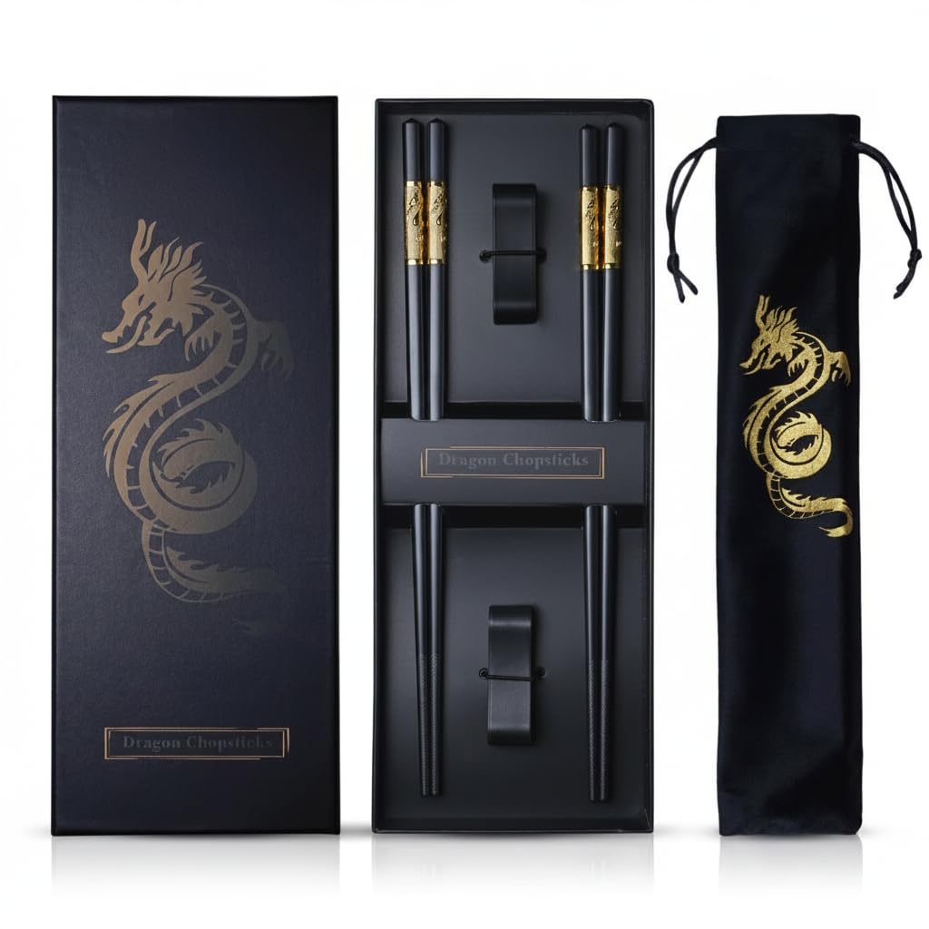 Bacchette Cinesi Drago Dorato - Set Elegante con Supporto e Borsa (2 Paia) - Materiale Sicuro, Lavastoviglie - Regalo Tradizionale