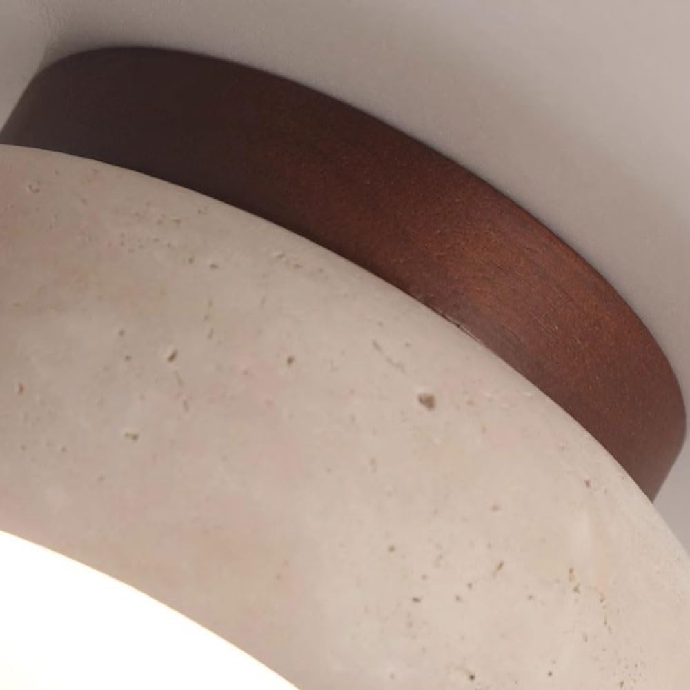 Nowoczesna lampa sufitowa LED z naturalnego żółtego trawertynu, białe światło dzienne 6000 K, oświetlenie do montażu podtynkowego, podstawa z litego drewna, okrągła lampa sufitowa 15 cm(Walnut)
