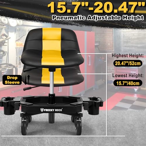 Image of Rolling Stool with Wheels, Adjustable Height Pneumatic Garage Work Mechanic Stool Seat with Backrest, 400 LBS Capacity 360 Swivel Mechanic Crepper Chair with Tool Tray Storage, Yellow