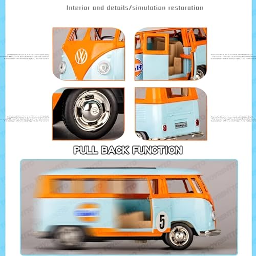 Image of 1:36 Scale Die-Cast VW T1 Model Van Toy Car, High Detail Vintage Simulation Pull-Back Bus with Openable Doors, Classic Retro Design Collectible Gift for Kids & Collectors, Multicolor