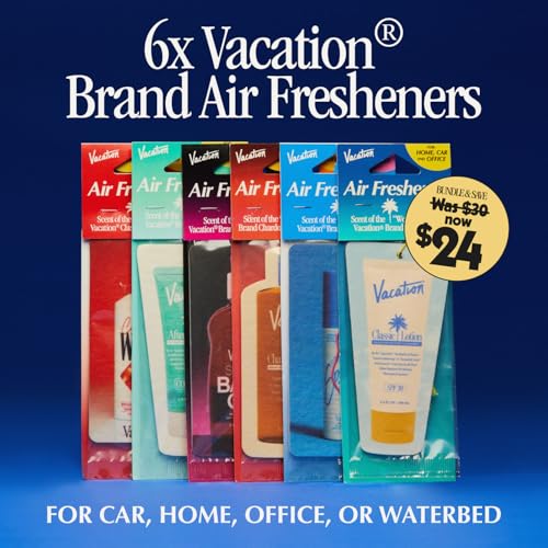 Image of Vacation Air Freshener Variety Pack, 6 Exclusive Summer Scents, Includes Classic Lotion, Chardonnay Oil, After Sun Gel, Classic Whip, Super Spritz & Baby Oil Scents, Deodorizer for Car, Home & Office