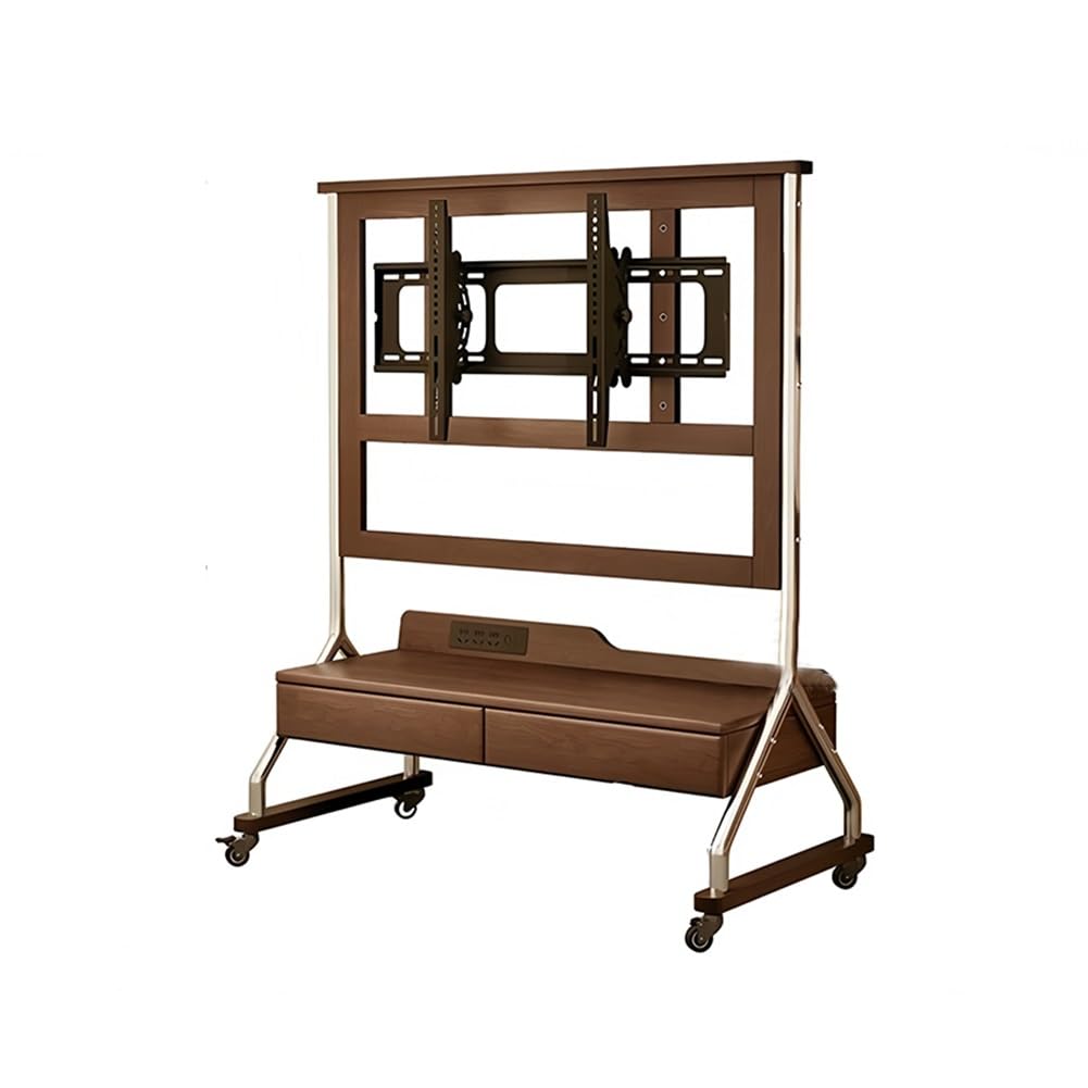 JKJZSALJ Solid Wood Mobile Tv Stand With Wheels, Floor Tv Stand With Storage Drawers Rolling Tv Cart For 40-85 Inch Tvs, Living Room Media Console With Power Strip,Brown,a,102X53X119 CM