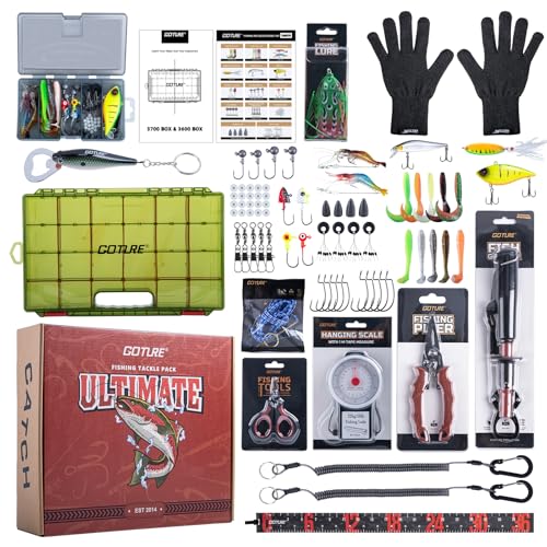 Goture Fishing Lures with Tackle Box and Fishing Tool Kit Set for Adults, Include Fish plier, Fish Ruler, Fishing Gripper,Gloves Weigh Scale with Gift Box