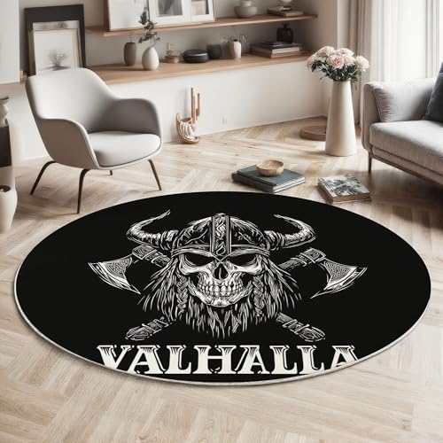 MIATCENRT Round Rug for Living Room, 90cm Area Rugs Vector Illustration Style Circular Rug Skull Axe Carpet, Black Soft Short Pile Large Carpets Anti Slip Floor Mat for Bedroom