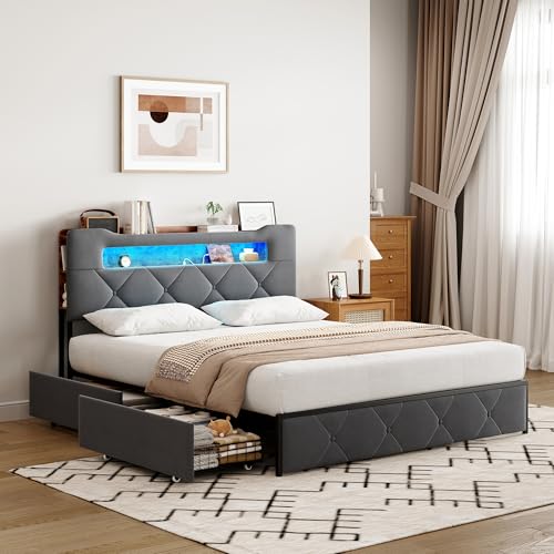 Polsterbett Doppelbett 140x200cm mit Stauraum, Stauraumbett mit 4 Schubladen, Jugendbett mit LED und USB, Schlafzimmer Bett, Gepolstertes Bettgestell mit Lattenrost, Samt (Grau, 140x200cm) – Bild 5