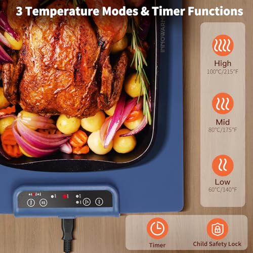 INNOWARMER Warmhalteplatte Elektrisch,Speisenwärmer Ganzflächige Erwärmung,Faltbare Silikon Warmhalteplatte 3 Einstellbarer Temperatur & Timer,Buffetwärmer Elektrisch für Buffet Familie (Blau) – Bild 3