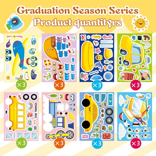 Image of Vehicle Stickers for Kids, Make a Face Sticker, Make Your Own Car Sticker | 24 Sheets Train, Airplane, Boat Stickers for Toddlers, Brithday Party Supplies Classroom Teacher Reward