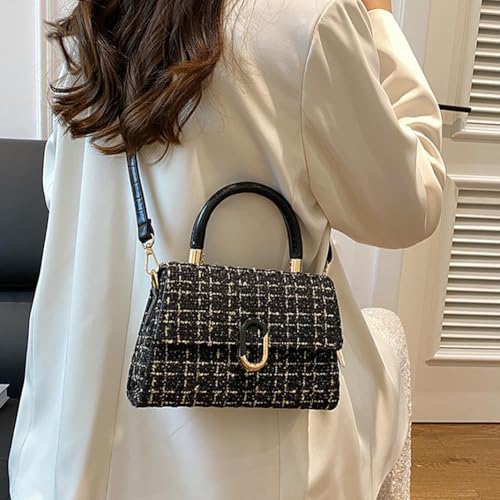 Women’s Tweed Plaid Square Handbag, Retro Quilted Woven Embroidered Shoulder Bag, Ladies Cute Woolen Top Handle Satchel Tote3