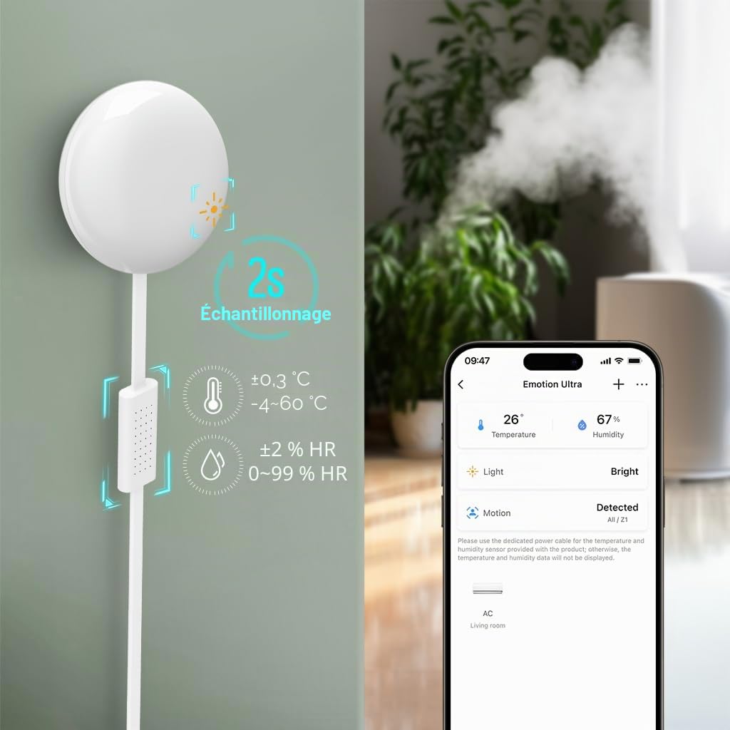eMotion Ultra Capteur de Présence Intelligent WiFi avec Radar mmWave 60GHz, IR, Luminosité, Température et Humidité, Compatible MQTT Home Assistant, Alexa et Google Home