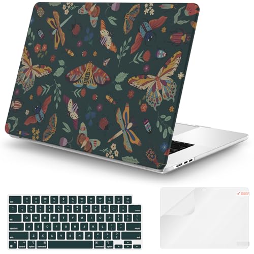 Image of iCasso for M5 MacBook Air 15 inch Case 2026 2025-2023 M4 M3 M2 Model A3448 A3241 A3114 A2941,Slim Protective Pattern Hard Shell Case for Mac Air 15.3 inch, Keyboard Cover + Screen Flim,Green Butterflies