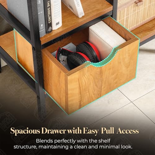 Image of ABOUT SPACE Book Shelf for Home - 7 Shelves,1 Bottom Drawer, Modern 19mm Metal Frame|Engineered Wood Book Rack for Study Room, Book Organizer Stand for Library, Bedroom (L 58 x B 30 x H 158cm -Teak)