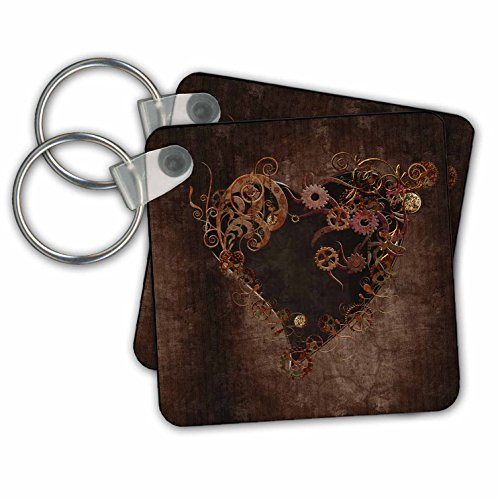 3dRose Decorated Brown Steam Punk Heart 2.25 x 2.25 Inches Key Chains, Set of 2 (kc_172232_1)