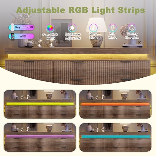 Image of 9 Drawer Dresser with LED Lights and Charging Station, 63 inch Wide Grey Wood Fluted Dresser for Bedroom, Modern Chest of Drawers for Closet Dresser TV Standt for Living Room, Entryway, Hallway