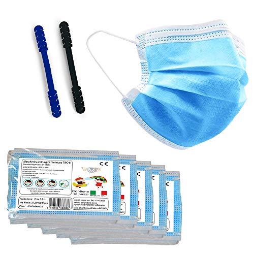 50x MASCHERINE CHIRURGICHE per BAMBINI, MADE in ITALY, CERTIFICATE CE Tipo II, Tre Strati PROTEZIONE per il VISO Facciale, Tessuto Non Tessuto, Nasello per Comoda Regolazione, Blu, 50 pezzi