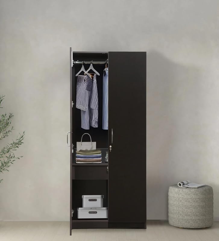 Image of Mintwud Pepperfry Engineered Wood Amber Wardrobe with 2 Doors Storage and Hanging Rod | Wooden Almirah for Living Room Bedroom Furniture | Storage Organizer Cabinet Cupboard for Clothes (Wenge Finish)