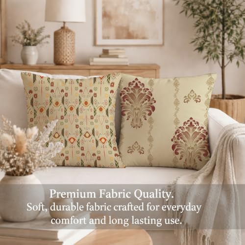 Image of STITCHNEST Set of 2 Royal Damask & Ikat Collection Printed Jute Cushion Covers 16x16 Inches | Ethnic Decorative Throw Pillow Covers for Sofa, Living Room & Bedroom | Premium Home Decor