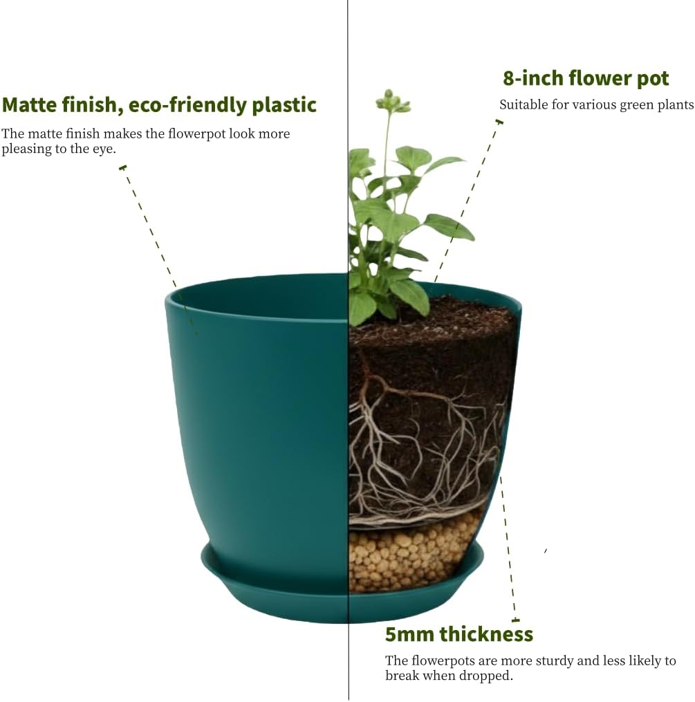 Vanslogreen Plant Pots 8 Inch Set of 6, Flower Pots with Drainage Holes and Saucer, Plastic Garden Planters for Indoor & Outdoor Plants (Deep Green)