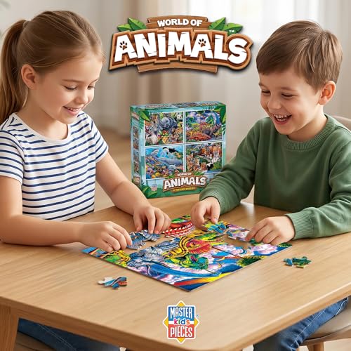 Image of MasterPieces Jigsaw Puzzle Set for Kids, 4-Pack of 100 Piece Puzzles, Educational Animal Theme, Fun Game, Gift Idea, 8 inch x 10 inch