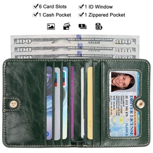 Image of Itslife Women's RFID Blocking Small Compact Bifold Waxed Leather Pocket Wallet Ladies Mini Purse with ID Window (Dark Green)