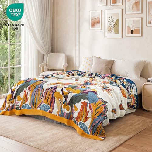 Image of MSGKV Boho Throw Blanket 90 inchx90 inch Cotton Blanket for Bed, Queen Size Throw