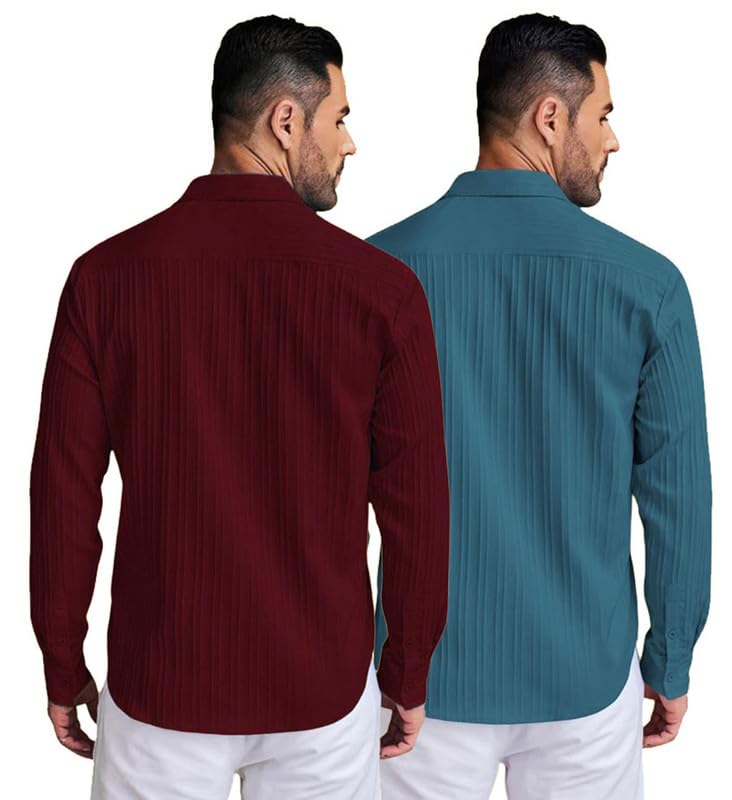 Image of DEELMO Combo of Men's Casual Button Down Shirts Long Sleeve Linen Shirt Fashion Textured Summer Shirts Pack of 2