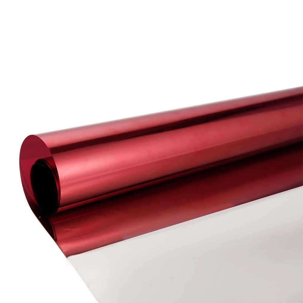 Reflective Window Privacy Film Anti UV Heat Control One Way Mirror Window Tint Adhesive Day Time Privacy Protection Window Sticker Vinyl, Red Silver,