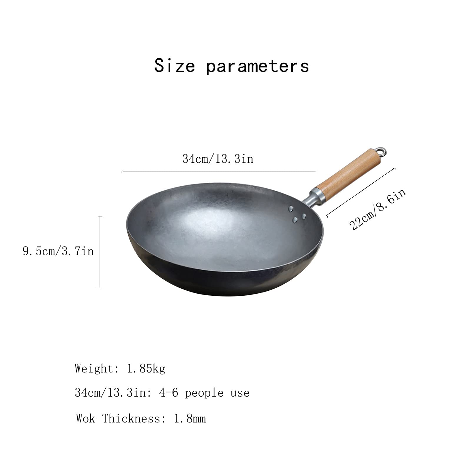 Craft Anti-aderente Wok Tradizionale Mano Martellato Acciaio al carbonio Pow Wok con Legno e acciaio Helper Handle (Fondo tondo) (Size : 34cm/13.3in)