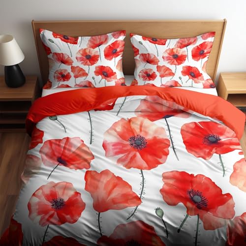 Housse de Couette 220 x 240 cm Coquelicot rouge à l'aquarelle - Parure de Lit Enfant 2 Personnes avec Fermeture Éclair Sets de Housse Couette en Polycoton...