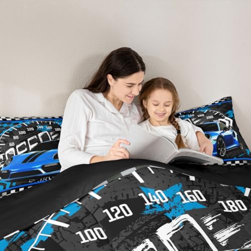 Image of Feelyou Blue Race Car Comforter Set Toddler Size Sports Car Bedding Set for Kids Boys Car Sports Comforter Geometric Checkered Extreme Sports Inner Fill Duvet Set 1 Comforter Set with 1 Pillowcase