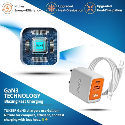 Image of Tukzer 20W Dual Port GaN3 Ultra 2X Faster Charger(Type C PD3.0&USB QC3.0) with Type C Cable Adapter for iPhone 16 /16Plus /16Pro /16Pro Max,15 /15Plus /15Pro /Max, 14 /13 /12,Samsung, Type-C Port Laptops-WHI