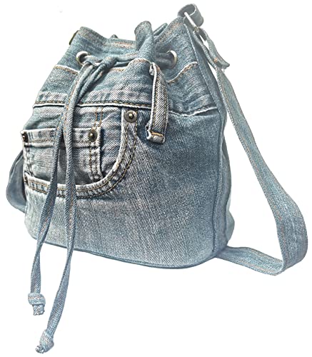 Upcycling Blue Denim Jeans Small Drawstring Crossbody Bag Bucket Pouch Sac Shoulder Handbag Purse3