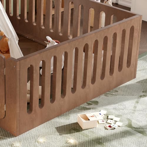 Image of Bellemave Queen Montessori Floor Bed Frame,Brown | Solid wood kids montessori floor bed with high safety fence & door, low to ground design for girls and boys
